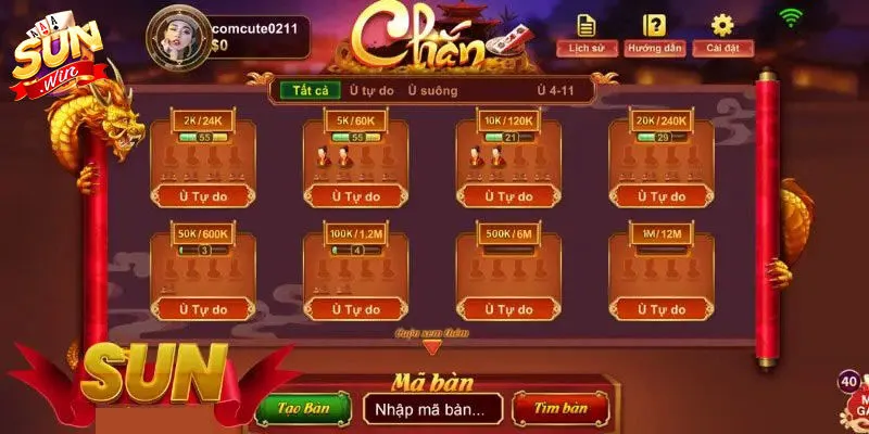 Hành động trong game chắn Sunwin